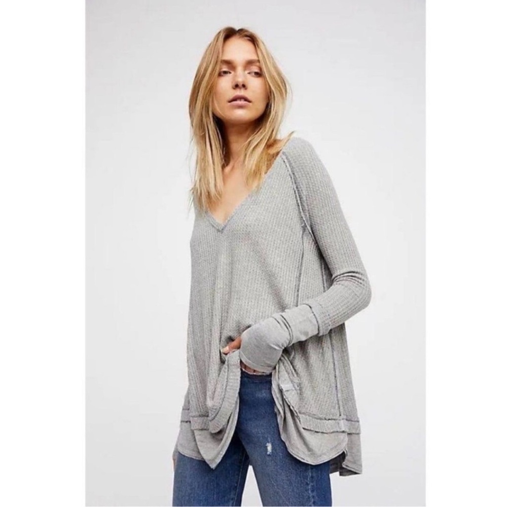 Free People We The Free Laguna Thermal Waffle Knit Top Grey Small Thumbholes